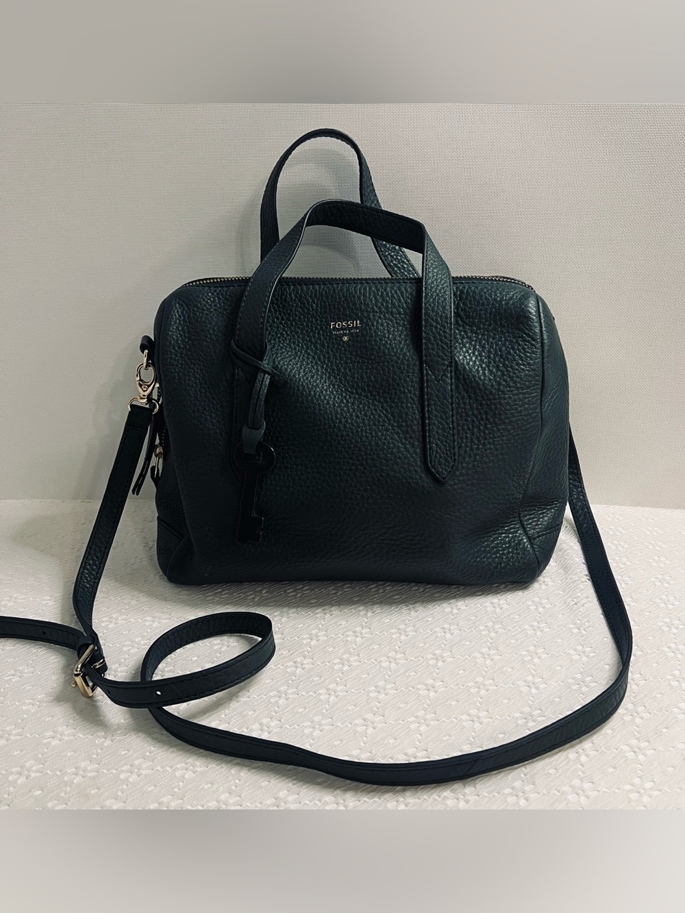 FOSSIL Sydney Satchel- Pine Green Shoulder Crossbody Handbag Keyfob - Picture 2 of 15